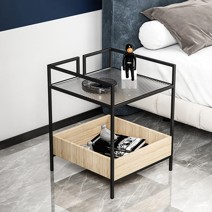 Glass Top Night Table with Shelves Contemporary Metal Nightstand