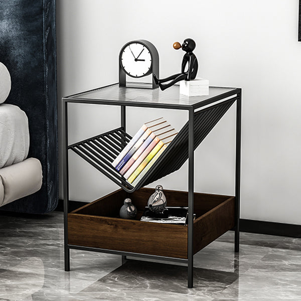 Glass Top Night Table with Shelves Contemporary Metal Nightstand