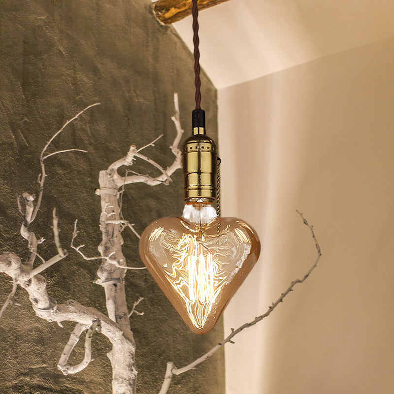 Industrial Heart Shape Down Lighting 1-Light Amber Glass Hanging Pendant Lamp in Brass