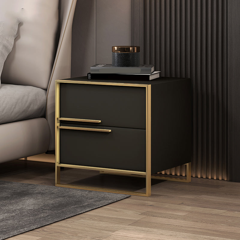 Leather Nightstand with Metal Legs Glam Night Table with Drawers