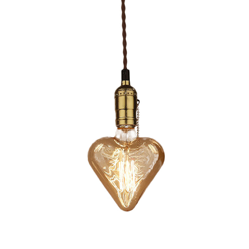 Industrial Heart Shape Down Lighting 1-Light Amber Glass Hanging Pendant Lamp in Brass