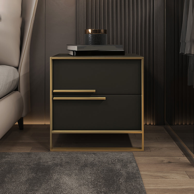 Leather Nightstand with Metal Legs Glam Night Table with Drawers