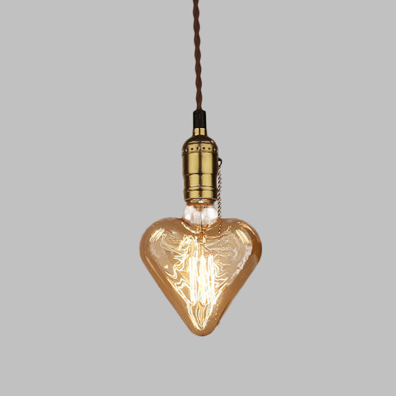 Industrial Heart Shape Down Lighting 1-Light Amber Glass Hanging Pendant Lamp in Brass