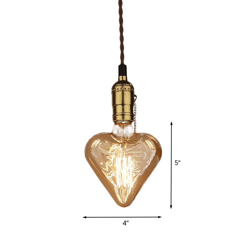 Industrial Heart Shape Down Lighting 1-Light Amber Glass Hanging Pendant Lamp in Brass