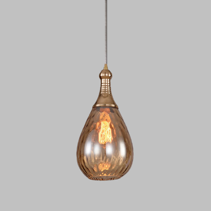 1-Head Hanging Light Fixture Vintage Teardrop Amber Water Glass Ceiling Pendant Lamp for Stairway