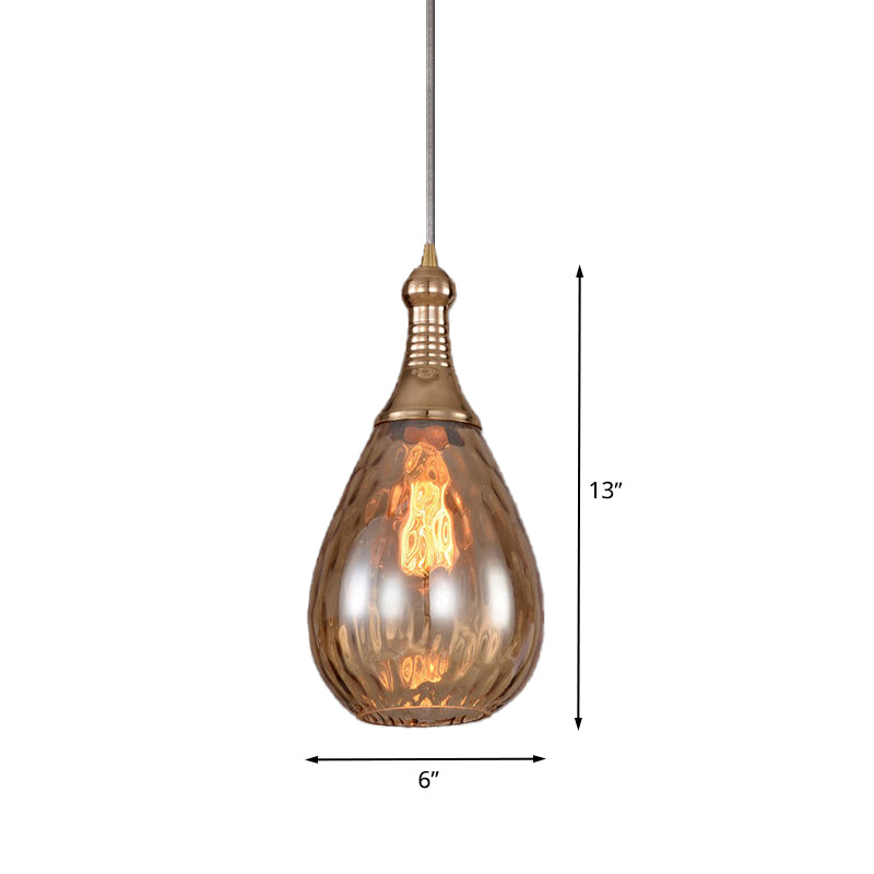 1-Head Hanging Light Fixture Vintage Teardrop Amber Water Glass Ceiling Pendant Lamp for Stairway