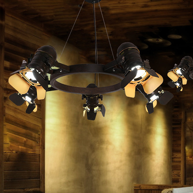 5 Lights Pendant Chandelier Art Deco Camera Metallic Hanging Ceiling Lamp in Black with Ring Design