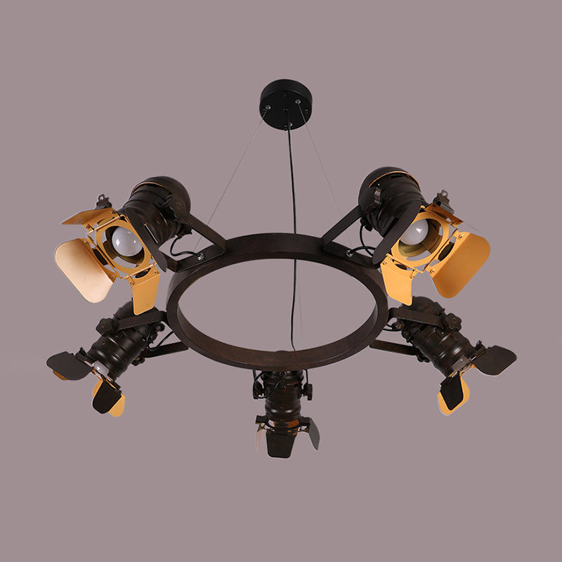 5 Lights Pendant Chandelier Art Deco Camera Metallic Hanging Ceiling Lamp in Black with Ring Design