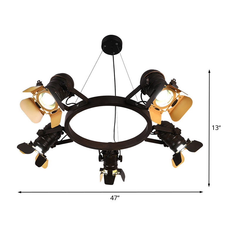 5 Lights Pendant Chandelier Art Deco Camera Metallic Hanging Ceiling Lamp in Black with Ring Design