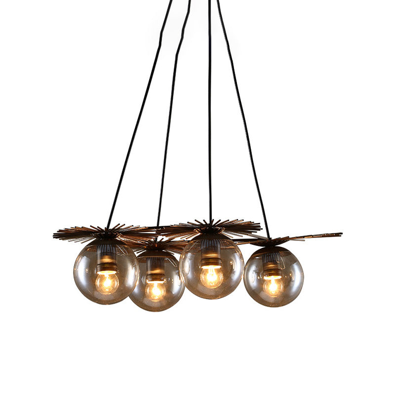 4 Bulbs Ceiling Chandelier Industrial Coffee House Pendant Light Fixture with Globe Amber Glass Shade