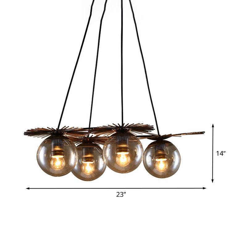 4 Bulbs Ceiling Chandelier Industrial Coffee House Pendant Light Fixture with Globe Amber Glass Shade