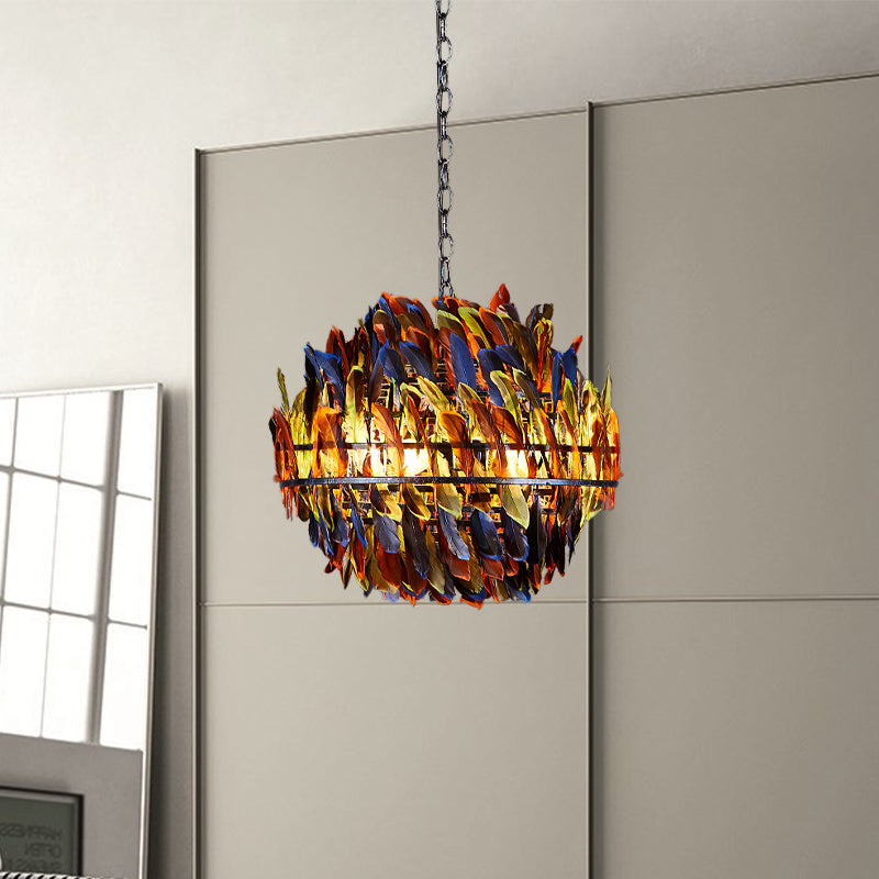 Iron Blue Ceiling Chandelier Globe Cage 4-Light Industrial Suspension Lamp with Multi-Color Feather Deco