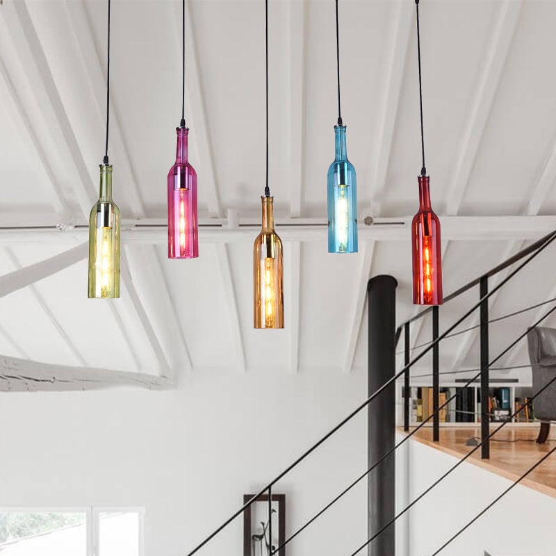 5 Heads Colorful Glass Hanging Lighting Vintage Black Bottle Restaurant Cluster Pendant Lamp with Linear Canopy