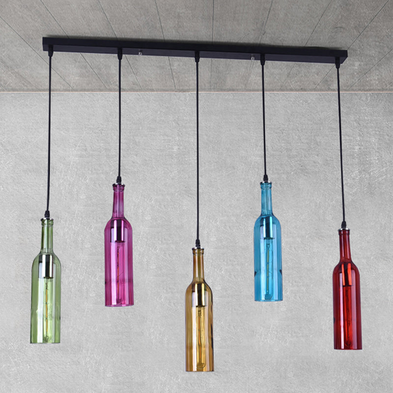 5 Heads Colorful Glass Hanging Lighting Vintage Black Bottle Restaurant Cluster Pendant Lamp with Linear Canopy