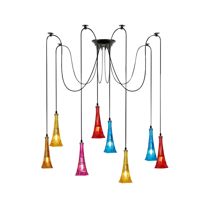 Black 8 Bulbs Multi Light Pendant Antiqued Colorful Glass Eiffel Tower Shape Swag Ceiling Hang Fixture