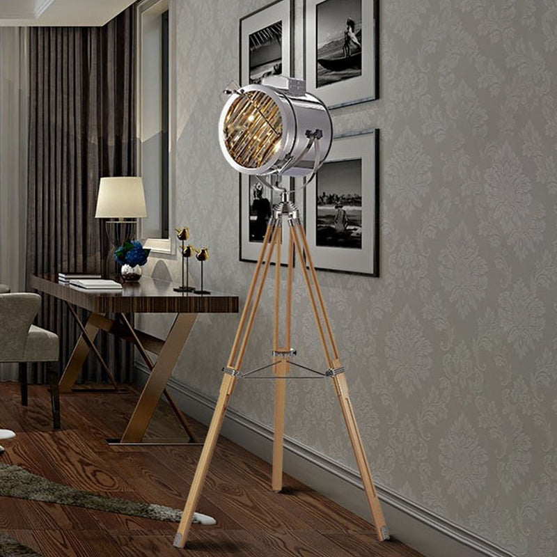 Metallic Cylinder Spotlight Industrial Style 1 Head Living Room Floor Lamp in Black/Wood with Tripod