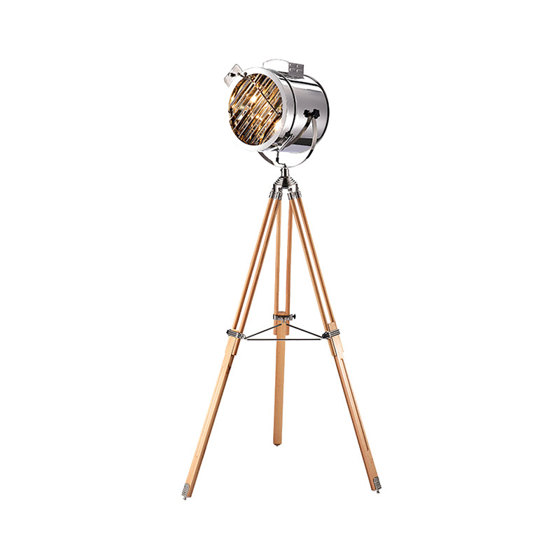 Metallic cilinder Spotlight industriële stijl 1 hoofd woonkamer vloerlamp in zwart/hout met statief