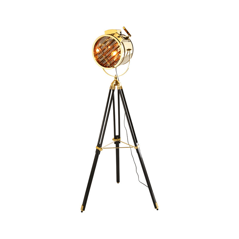 Black/Wood 1-Bulb Standing Lamp Vintage Metal Cylinder Spotlight Floor Light with Tripod for Living Room