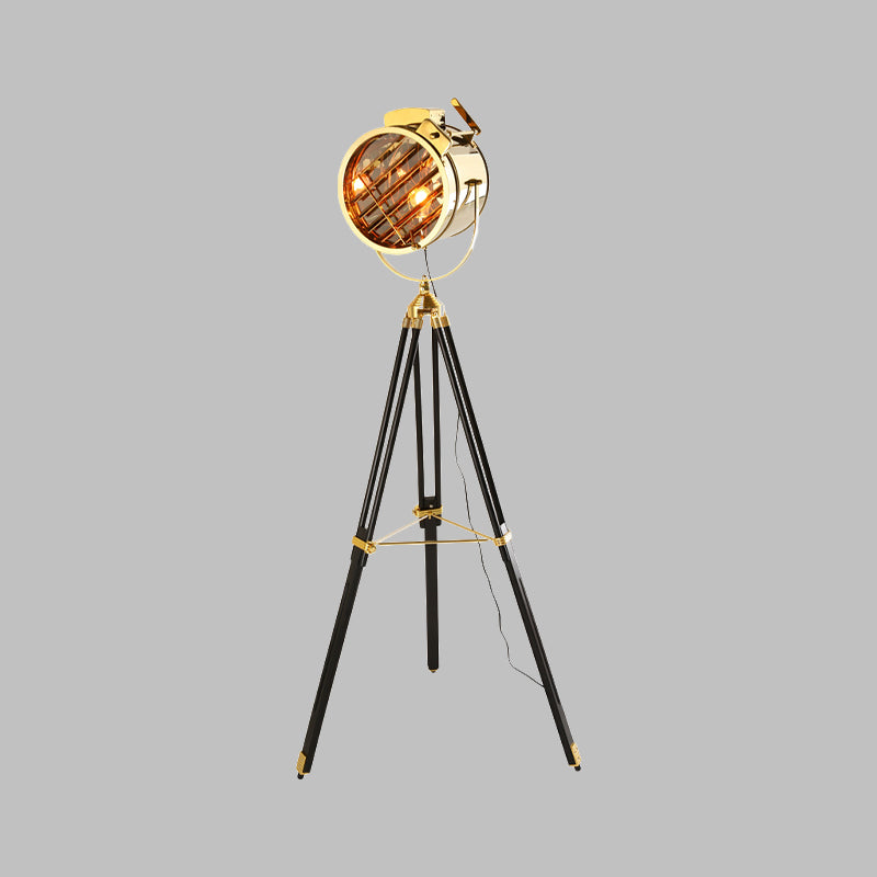 Black/Wood 1-Bulb Standing Lamp Vintage Metal Cylinder Spotlight Floor Light with Tripod for Living Room