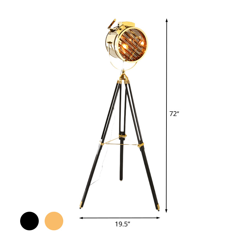 Black/Wood 1-Bulb Standing Lamp Vintage Metal Cylinder Spotlight Floor Light with Tripod for Living Room