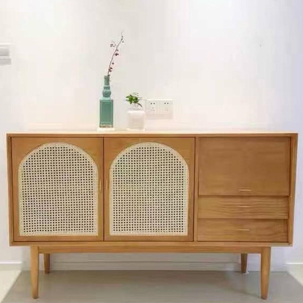 Contemporary Sideboard Rattan Doors 36-inch Height Wood Cupboard for Living Room