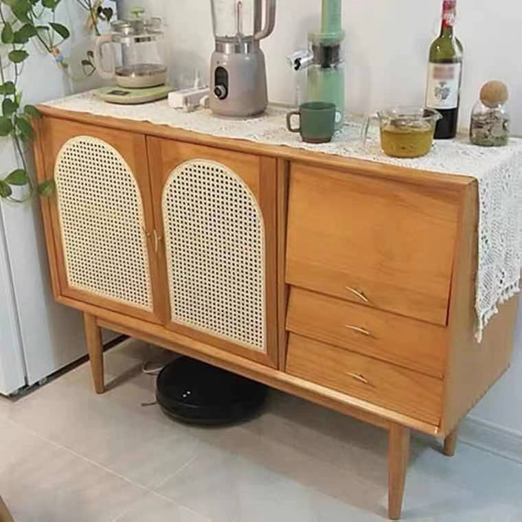 Contemporary Sideboard Rattan Doors 36-inch Height Wood Cupboard for Living Room