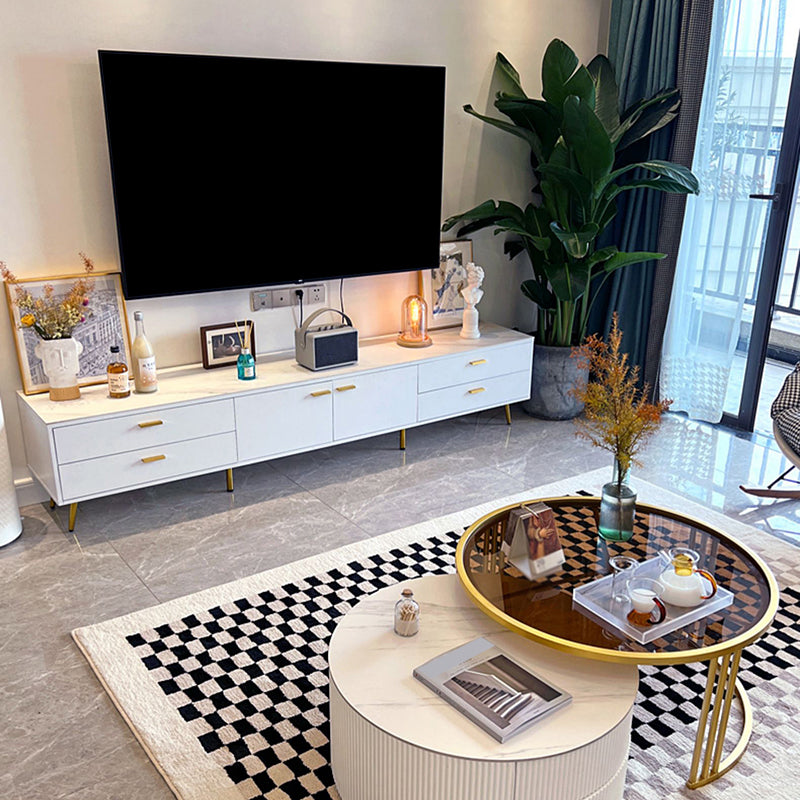 White Glam Style TV Stand Stone Enclosed Storage TV Cabinet with 4 Drawers