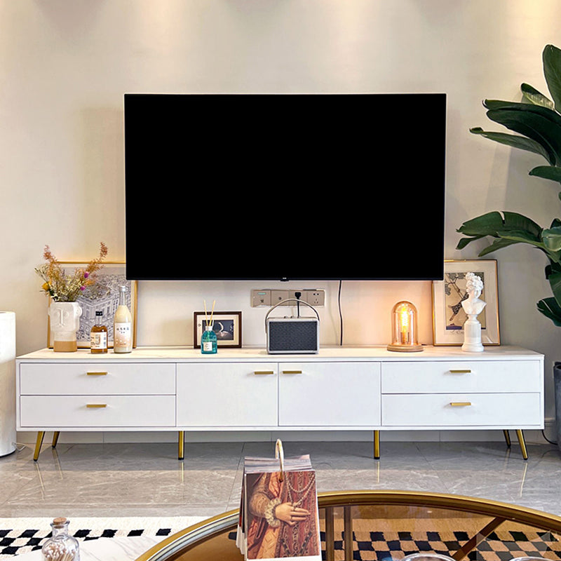 White Glam Style TV Stand Stone Enclosed Storage TV Cabinet with 4 Drawers