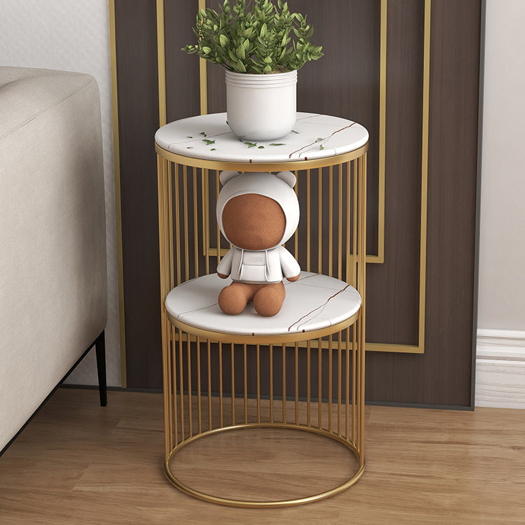 Round Stone Top Nightstand Contemporary Metal Night Table with Shelves