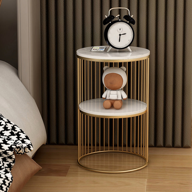 Round Stone Top Nightstand Contemporary Metal Night Table with Shelves