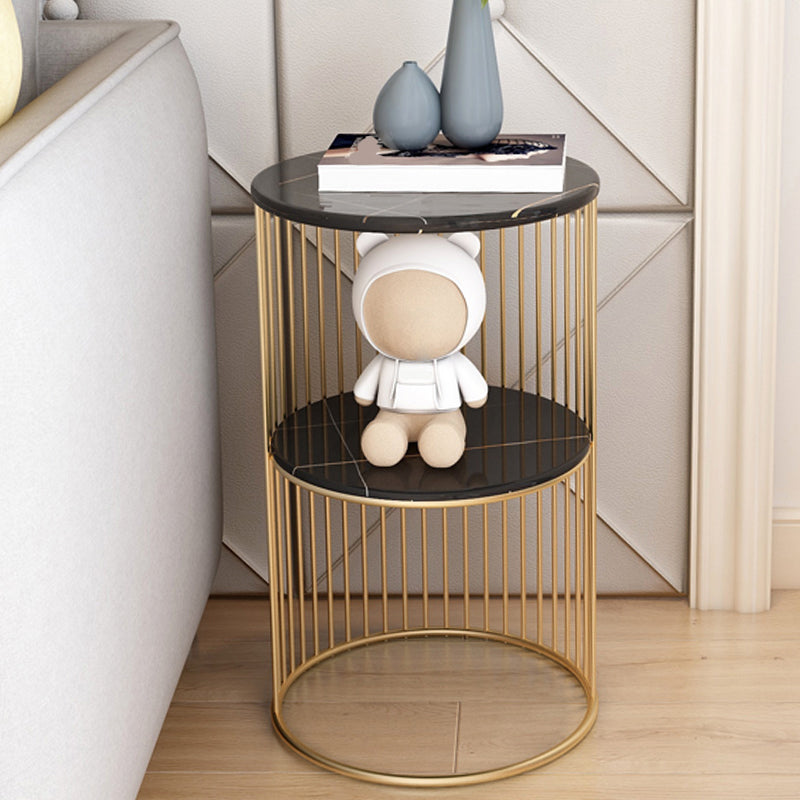 Round Stone Top Nightstand Contemporary Metal Night Table with Shelves