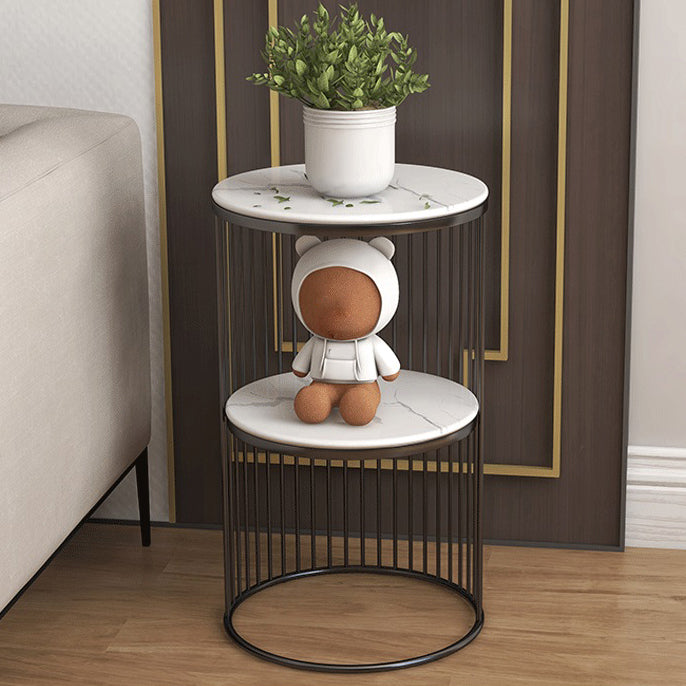 Round Stone Top Nightstand Contemporary Metal Night Table with Shelves