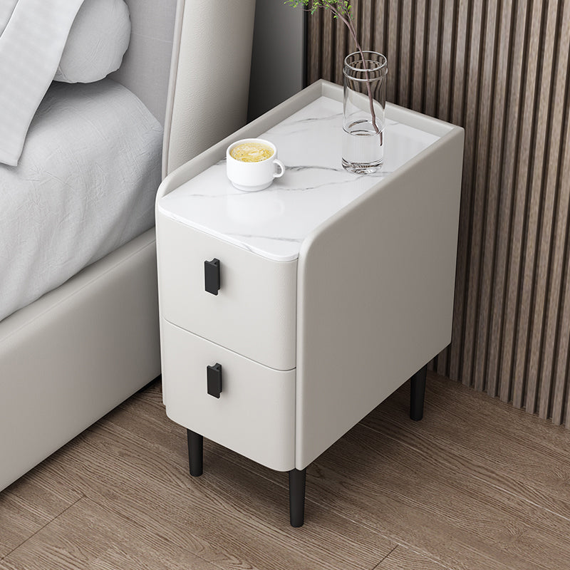Modern Stone Top Night Table with Drawers 4 Legs Leather Nightstand