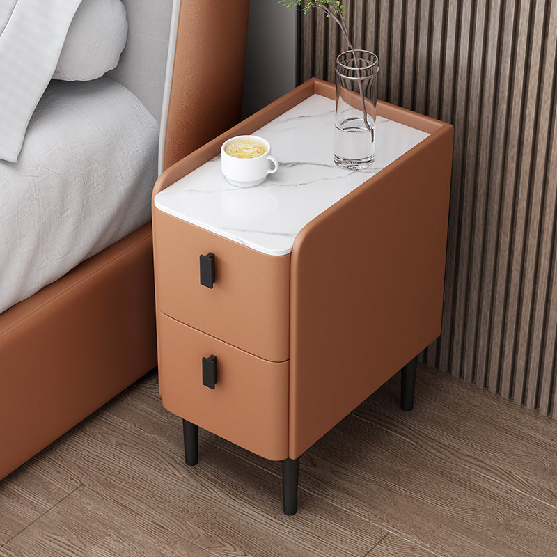 Modern Stone Top Night Table with Drawers 4 Legs Leather Nightstand