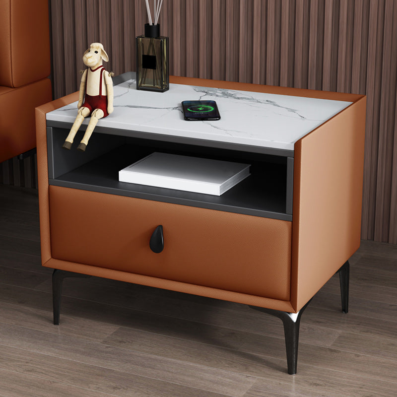 Modern Leather 4 Legs Nightstand Stone Top Night Table with Drawer