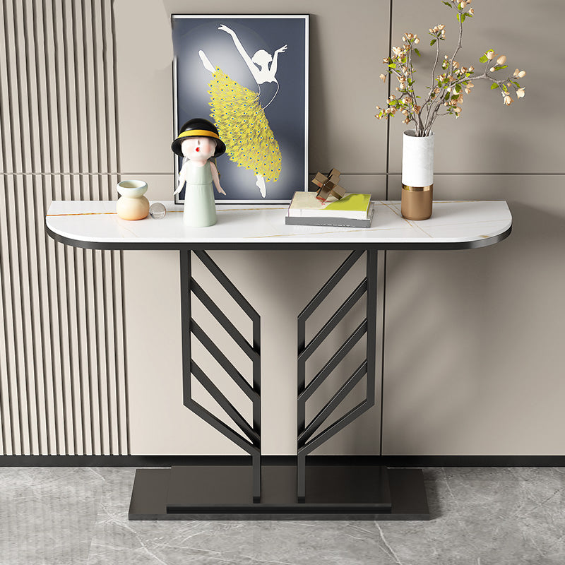 Pedestal Base Accent Table with Half Moon Stone Top for Hall