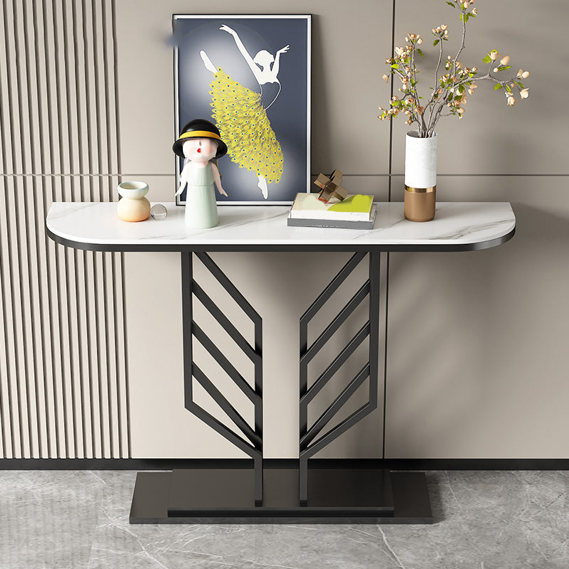 Pedestal Base Accent Table with Half Moon Stone Top for Hall