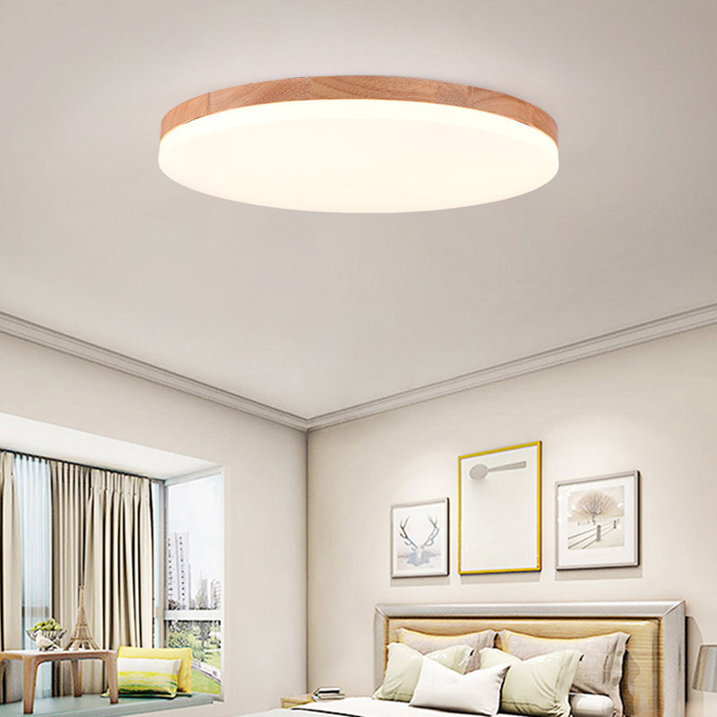 Wood Round Shape Flush Mount Light Modern 1-Light Flush Mount Ceiling Light in Brown