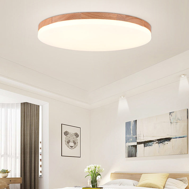 Wood Round Shape Flush Mount Light Modern 1-Light Flush Mount Ceiling Light in Brown