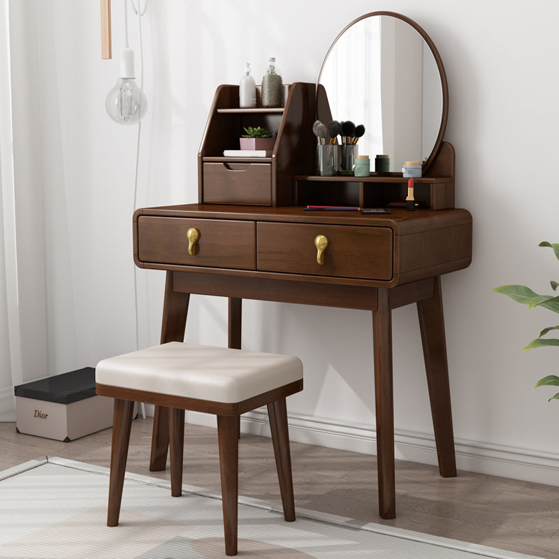 Natural/Brown Wooden Vanity with Mirror, 2 Drawers Dresser - 27.56"/31.5" W