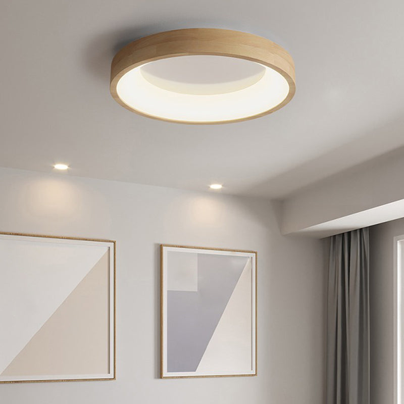 Wood Round Shape Flush Mount Light Modern Style 1-Light Flush Mount Ceiling Light in Brown