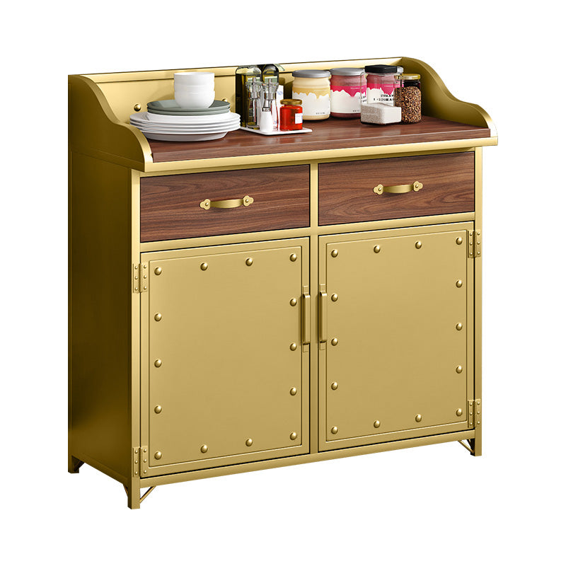 Contemporary Metal Dining Server Wood Countertop Server with Door and Drawers