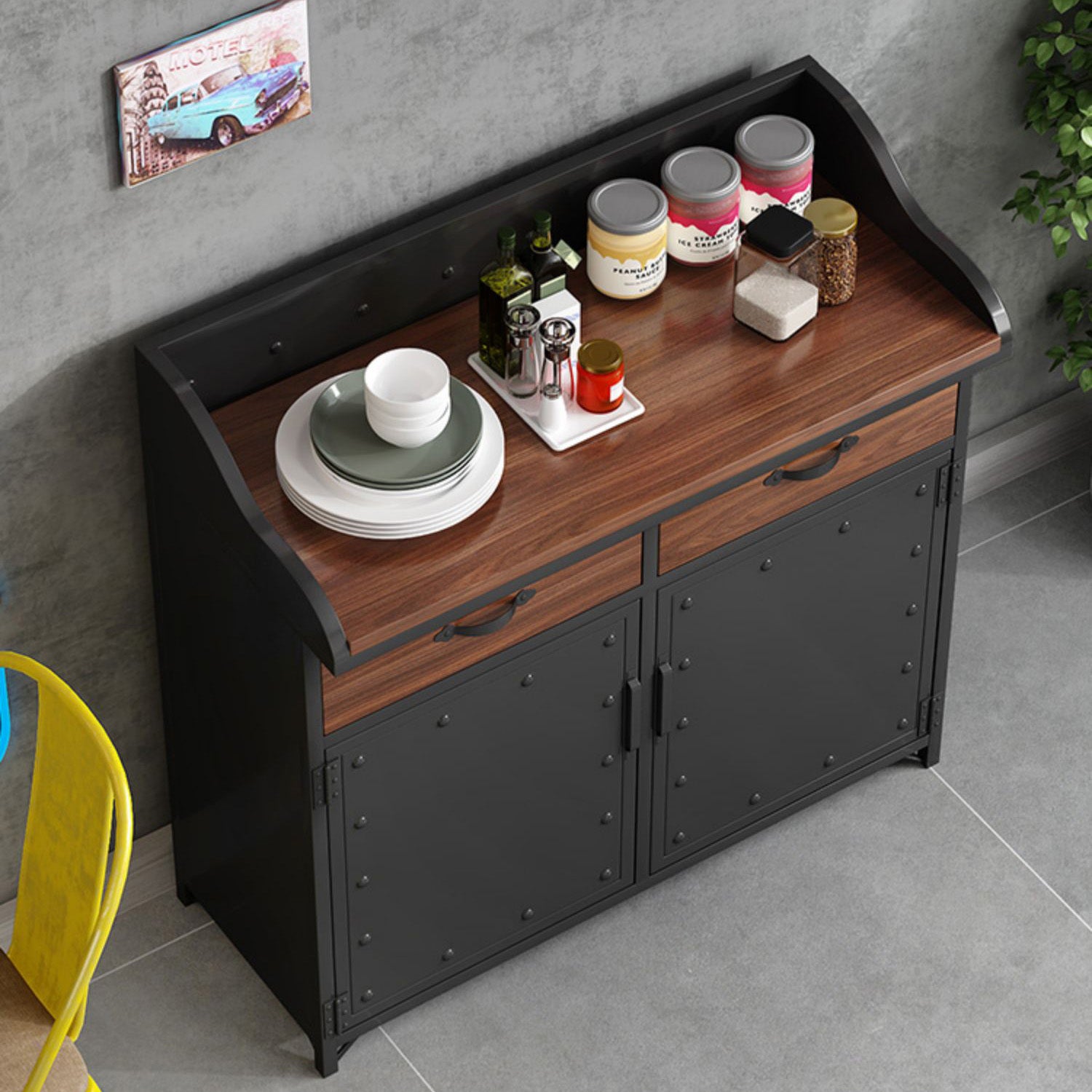 Contemporary Metal Dining Server Wood Countertop Server with Door and Drawers