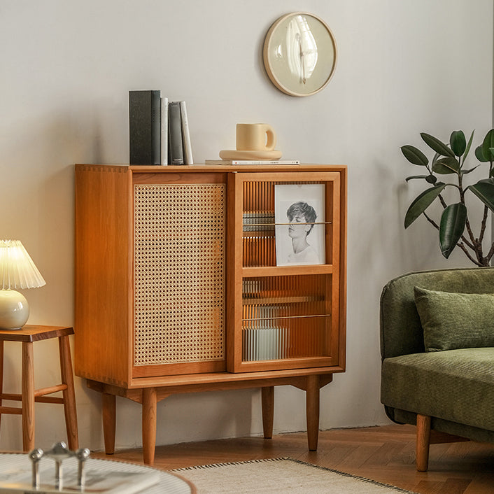 Sliding Door Solid Wood Sideboard Modern Server Cabinet with Storage for Kitchen