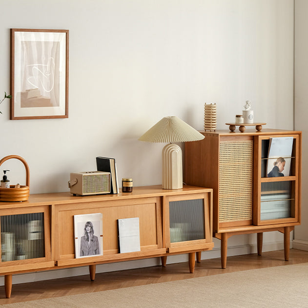 Sliding Door Solid Wood Sideboard Modern Server Cabinet with Storage for Kitchen