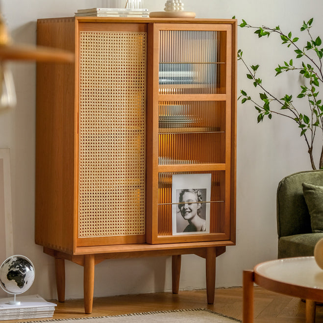 Sliding Door Solid Wood Sideboard Modern Server Cabinet with Storage for Kitchen