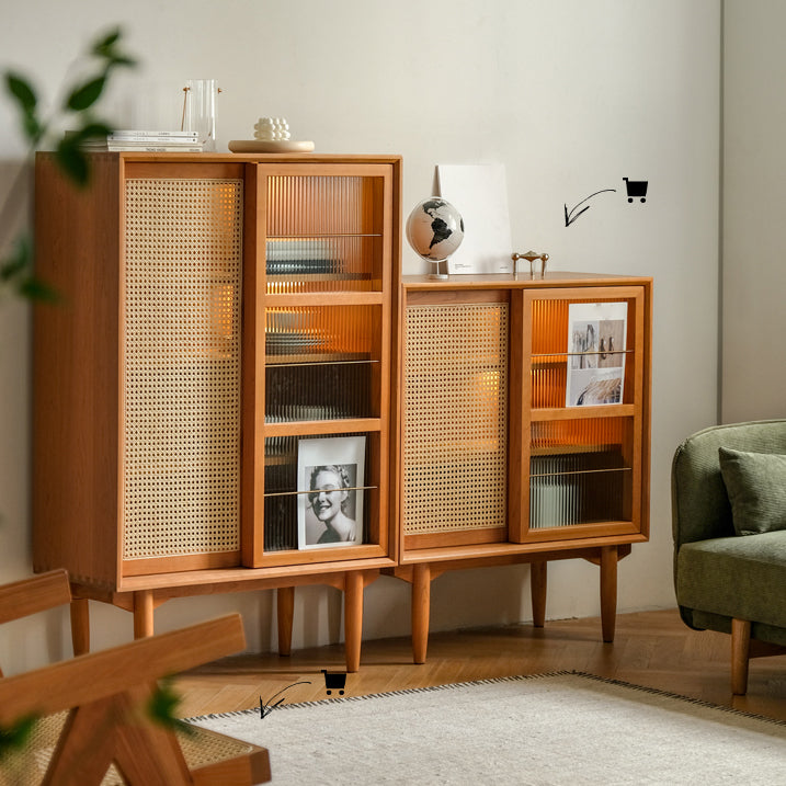 Sliding Door Solid Wood Sideboard Modern Server Cabinet with Storage for Kitchen