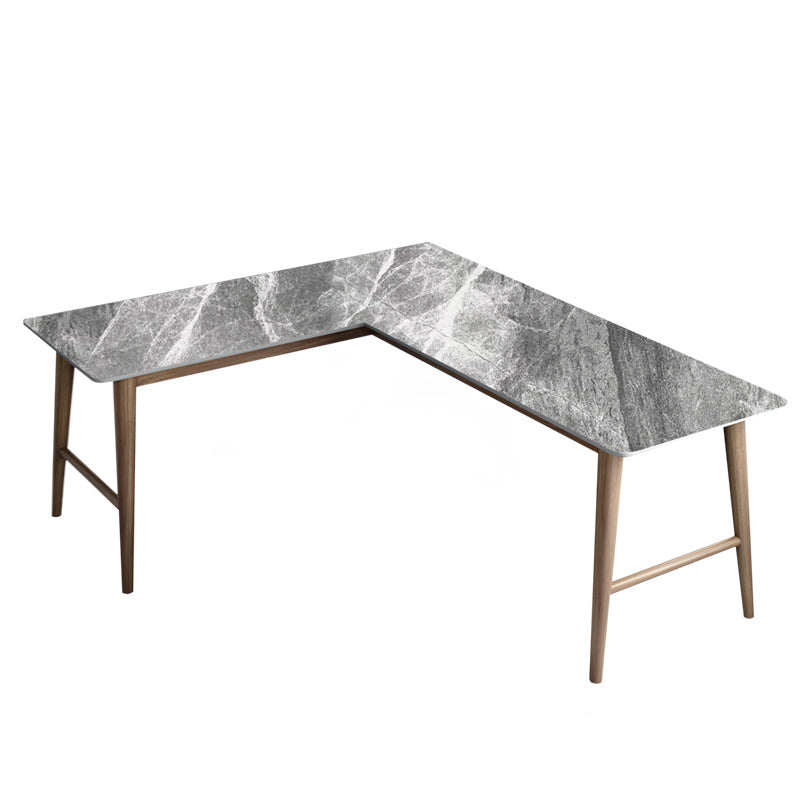 Glam L-Shape Writing Desk Stone Desktop with Solid Wood Table Leg