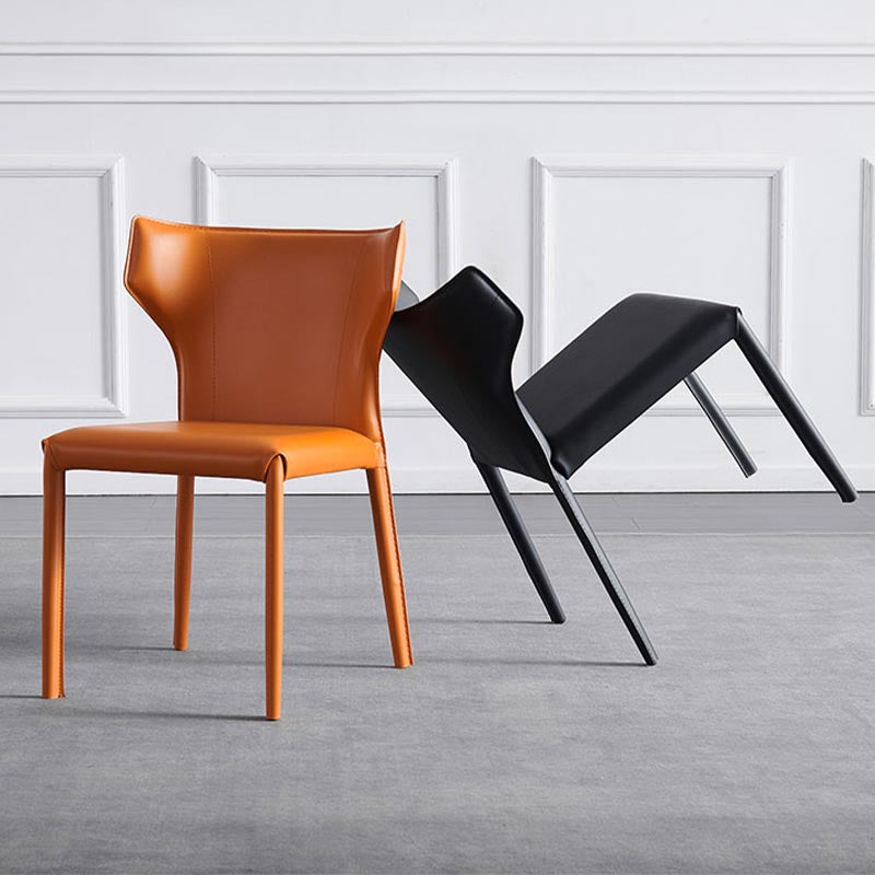 Contemporary Leather Dining Chair Wingback Side Chair in Matte Finish with Steel Legs