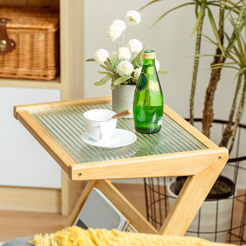 4 Legs Base Design Wooden/brown Bamboo Cane Base Glass Table Top Side Table